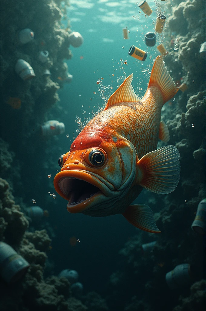 an image in which a fish is being suffocated by plastic