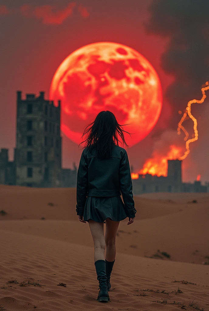 (RAW photo, realistic photo, high quality, masterpiece), Japanese young woman is walking on the desert with black leather jacket on her bare body, short skirt, ruin and building burning in background, red moon in the sky, lightning and flashing, strong wind, back view, ((look at the viewer))