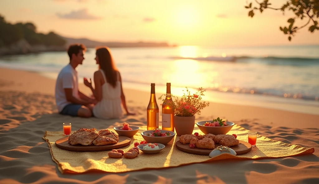 Une belle scène au bord de la mer, avec une nappe dorée étalée sur le sable, des plats délicieux joliment disposés, sous une douce lumière de coucher de soleil. L'ambiance est romantique et paisible, parfaite pour un moment de détente en couple.