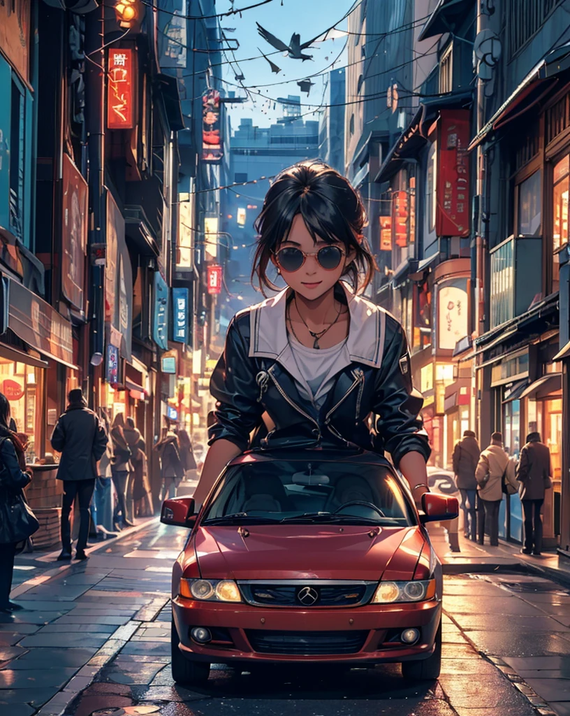 (bird's eye view from above),(diagonal angle),((lots of cars)),(remove yellow tinge),(cool shades),(clear and clean air),(two lane road),(City lights reflect on the car),(at night),(Two persons),(Narrow sidewalks),(crowded with people:1.2),(Shop signboard on the sidewalk),(glossy lots of cars),(girl and youngman),(two people in a car),(Two seater in a car), (a foreign car),(Passersby pass by on the sidewalk )In a busy downtown area at night, while passersby are bustling about, a middle school girl in a sailor uniform is riding in a foreign car driven by a man wearing sunglasses and an Hawaiian shirt, sticking her head out of the passenger seat and looking out at the street.
