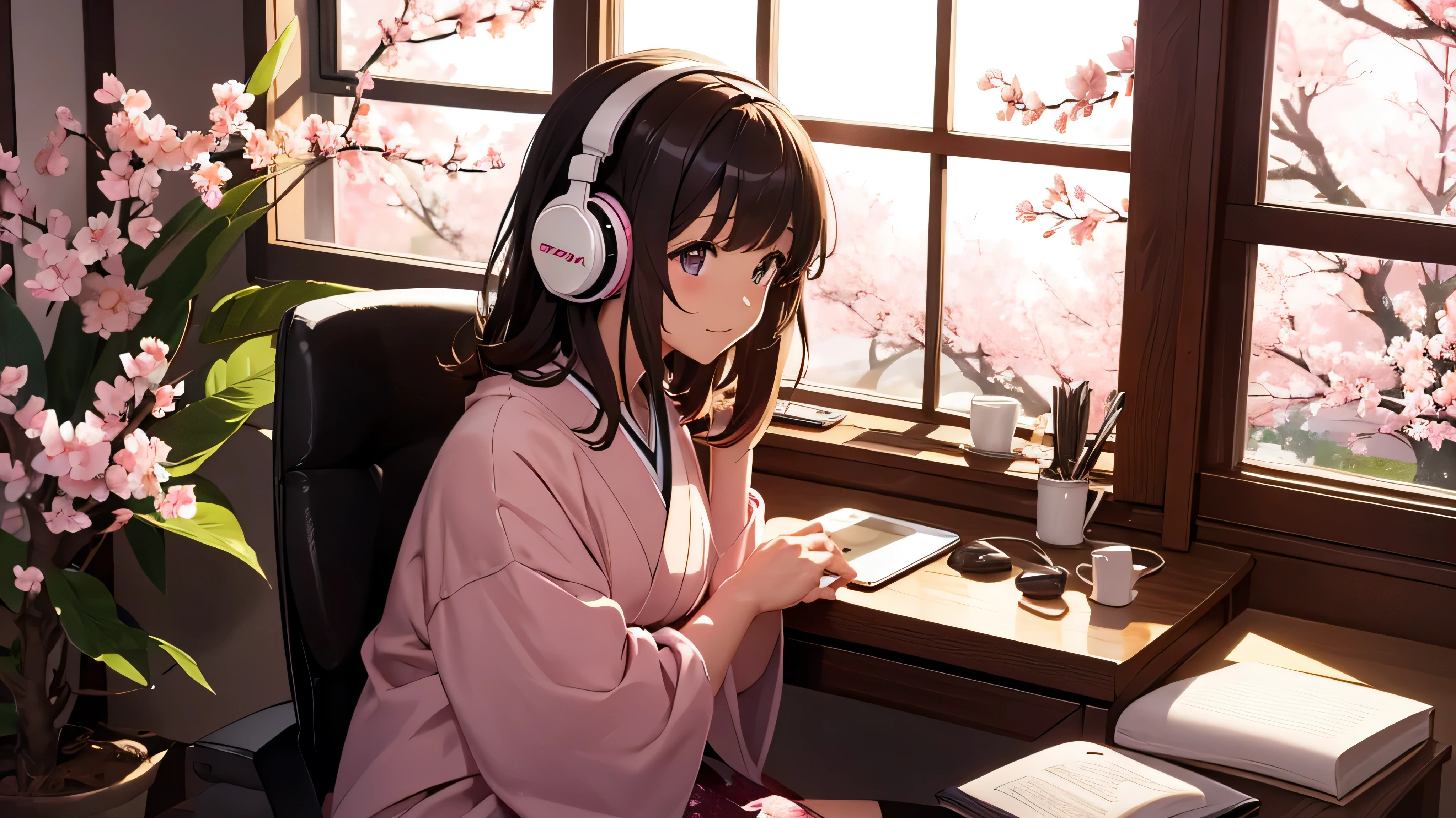 Wearing headphones、Cute Japanese cute、Cherry blossoms are falling outside the window、Japanese Anime、studying、sunny、Warm lighting、80's