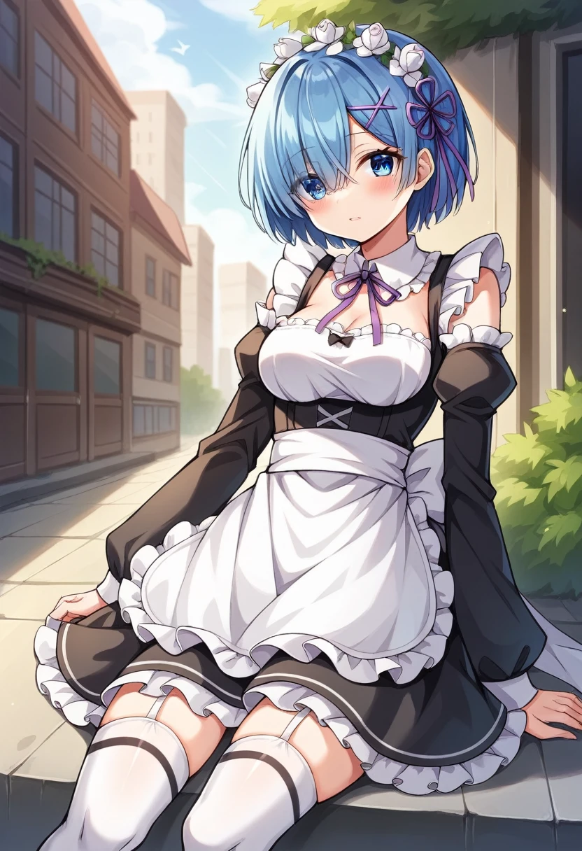 rezerorem, rem, blue eyes, blue hair, hair ornament, hair over one eye, hair ribbon, short hair, x hair ornament,
BREAK apron, black ribbon, black skirt, black sleeves, detached collar, detached sleeves, flower, frilled apron, frilled skirt, frills, head wreath, long sleeves, maid, miniskirt, neck ribbon, purple ribbon, ribbon, ribbon trim, ribbon-trimmed sleeves, roswaal mansion maid uniform, short hair, skirt, thighhighs, waist apron, white apron, white thighhighs,
BREAK outdoors, city,
BREAK looking at viewer,
BREAK (masterpiece:1.2), best quality, high resolution, unity 8k wallpaper, (illustration:0.8), (beautiful detailed eyes:1.6), extremely detailed face, perfect lighting, extremely detailed CG, (perfect hands, perfect anatomy),