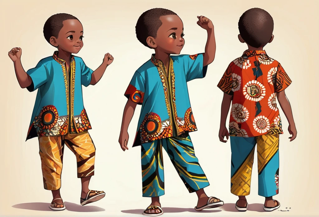 boy wearing Ankara shirt and pants, walking, stretching put one of his hands (character design sheet) same character front, side, back
African (masterpiece best quality:1.2) delicate illustration ultra-detailed, illustrations, bright, colourful,