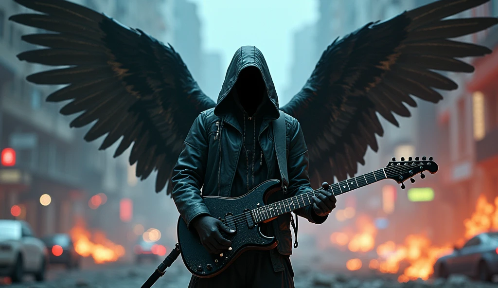 realisitic, 4K, A fallen angel with big wings in cyberpunk outfit, a sword, electric guitar in his hand, a hood over the head in the background image of a war in the city at night (haos)