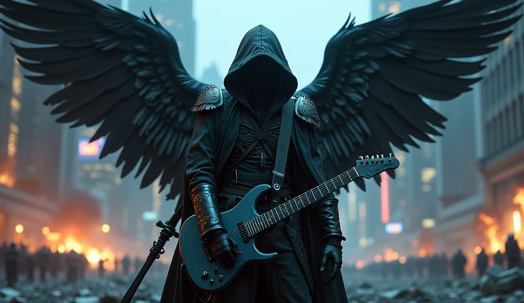 realisitic, 4K, A fallen angel with big wings in cyberpunk outfit, a sword, electric guitar in his hand, a hood over the head in the background image of a war in the city at night (haos)
