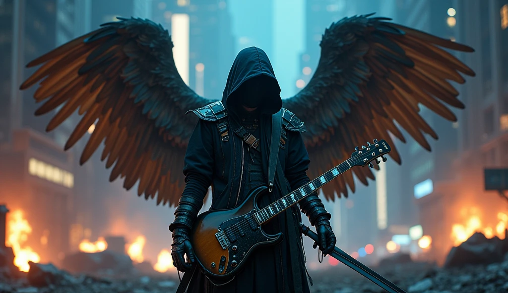 realisitic, 4K, A fallen angel with big wings in cyberpunk outfit, a sword, electric guitar in his hand, a hood over the head in the background image of a war in the city at night (haos)