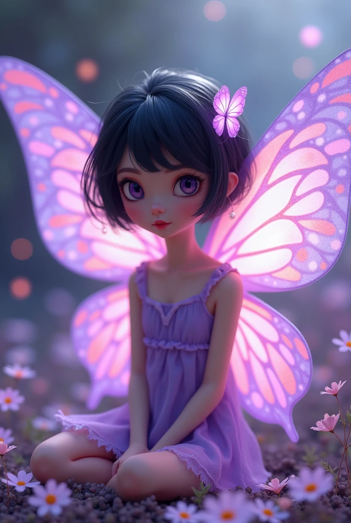 A butterfly fairy with colors that highlight purple and pastel pink. The fairy must be black-haired and have short hair..