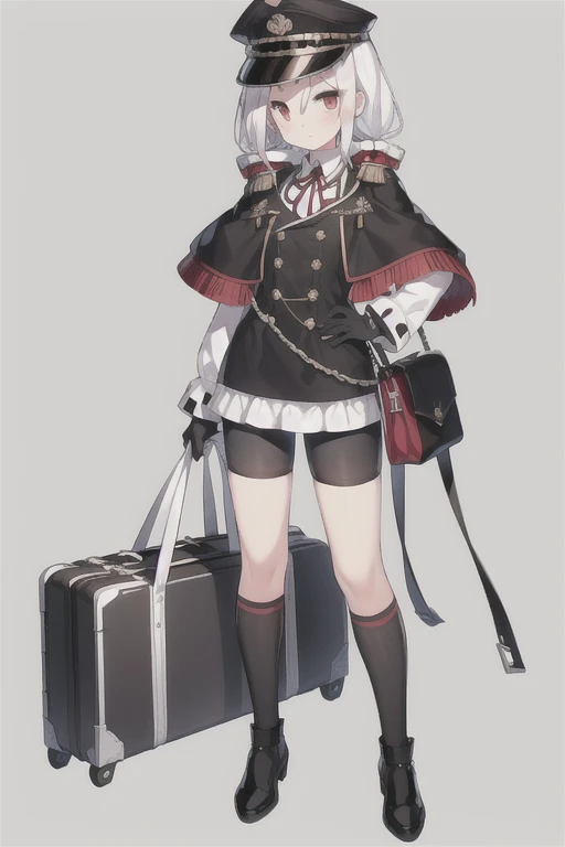 Vittorio_Veneto \(warship girls r\),((masterpiece)),(((best quality))),((ultra-detailed)),((illustration)),((disheveled hair)),((frills)),(1 girl),(solo),1girl, aiguillette, bag, bag charm, bangs, bike shorts, black bag, black footwear, black headwear, black jacket, black shorts, blush, briefcase, cape, charm \(object\), closed mouth, collared shirt, duffel bag, eyebrows visible through hair, full body, gloves, gradient, hair ornament, handbag, hat, holding, holding bag, iron cross, jacket, jacket on shoulders, keychain, long hair, long sleeves, looking at viewer, low ponytail, low twintails, luggage, messenger bag, military, military hat, military uniform, mole, mole under eye, parted lips, peaked cap, pouch, randoseru, red eyes, red ribbon, ribbon, satchel, school bag, shirt, shoes, shopping bag, short shorts, shorts, shoulder bag, sleeves past fingers, sleeves past wrists, socks, solo, standing, suitcase, twintails, uniform, white hair, white legwear, white shirt, wide sleeves, younger