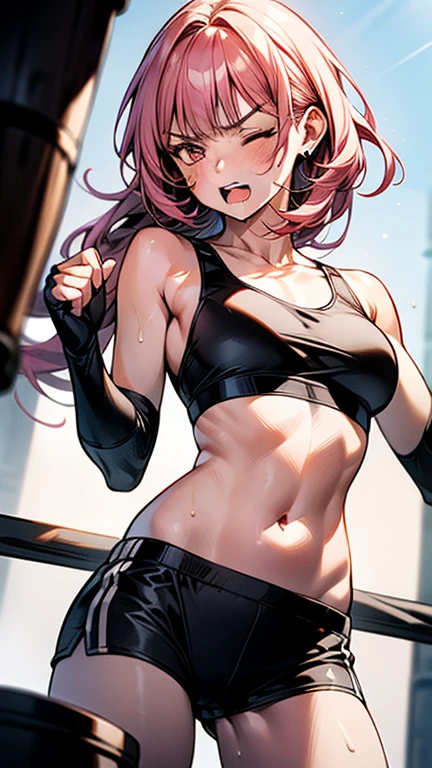 ((NSFW:Ryona,rape,rape by force)).Perfect Anatomy,Realistic,:1.3,RAW Photos:1.3,(During a martial arts match、Simple boxing ring)、feminine physique,bent over,slouch,{{one eye closed}}, ((Dynamic composition,,dutch angle,from below,small face (of a woman),{{{masterpiece}}, {{{Highest quality}}},{{Very detailed}},,{{PINK Sports Bra、PINK Sports shorts、Open Finger Gloves}}、{{1girl,30years old,{Mature Woman}},{{tall}},{{Adult female}},sharp look,)),Cowboy Shot,1 female,alone、Female Fighter、),{{ long hair,PINK Hair,Straight hair ,Blunt bangs}}、{{Very long hair,Blunt bangs,Large Breasts,,Small Head:1.4}},(())dolphin shorts,clavicle ,{{Crisis situation:1.6}},{{Fight:1.8}},Fighting stance,defensive posture,{{enduring pain}},Simple martial arts ring}}{{Avoidance}}{Wrinkles ,amount,Grit your teeth,suffering,v-shaped eyebrows.,Sweat dripping,small chest ,get annoyed,、Shopping Street,Audience in the background、pain stomach ache