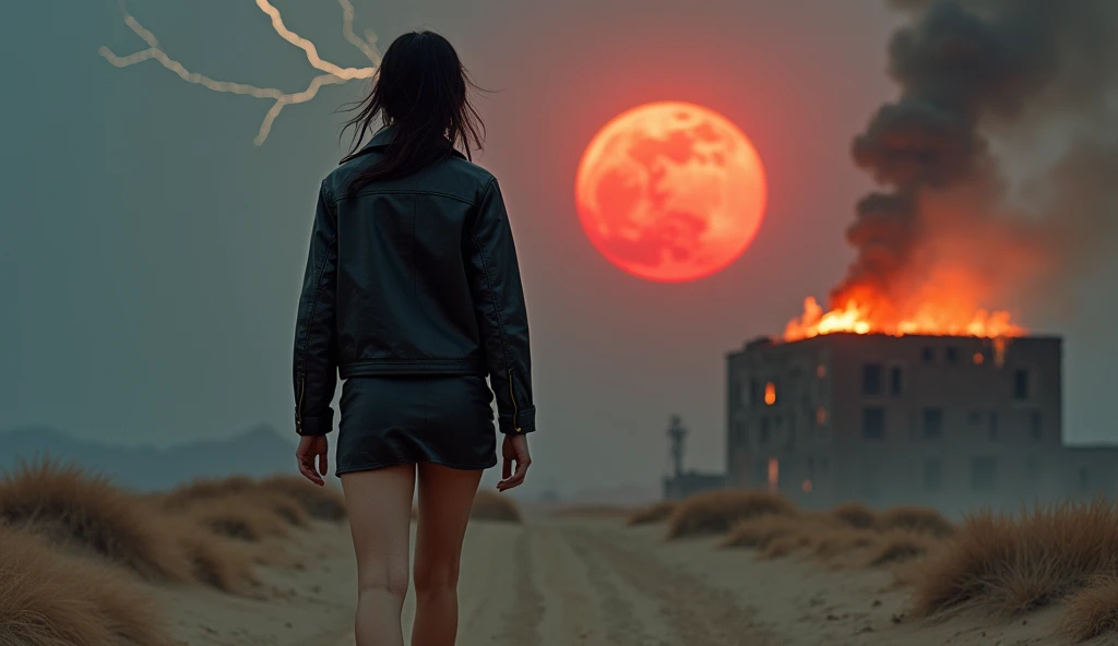 (RAW photo, realistic photo, high quality, masterpiece), Japanese young woman is walking on the desert with black leather jacket on her bare body, short skirt, ruin and building burning in background, red moon in the sky, lightning and flashing, strong wind, back view, ((look at the viewer))