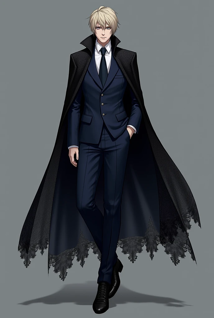 The suit is meticulously tailor-made to fit Ciel's slim frame. The trousers, tapered at the bottom, hug his legs snugly, while the jacket, cut into a neat fit, accentuates his shoulders. The navy blue fabric is of high quality, and the black lace of the cape is an unexpected but striking addition.