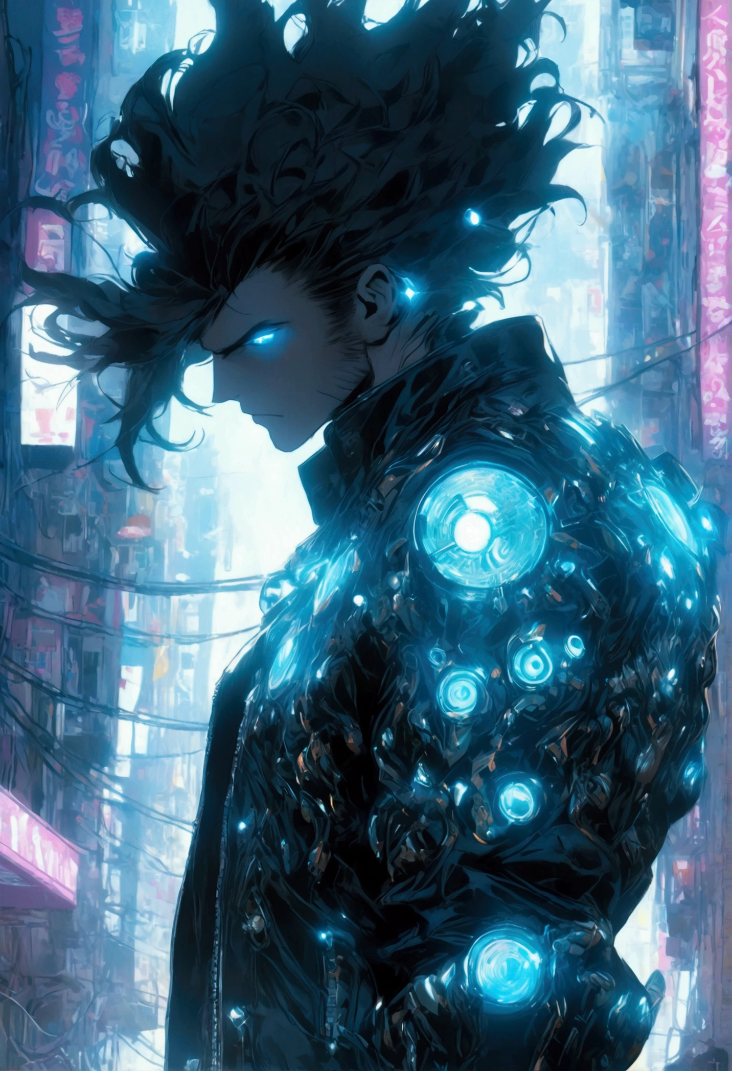 (Black Leather Jacket), In a futuristic city full of high-tech elements, a mechanical man wearing a black leather jacket is on a mission. The leather jacket combines tough lines with soft texture, and is embedded with a glowing circuit board. His gaze was firm, surrounded by cold metal buildings and holographic projection screens, presenting a cold and advanced vision of the future world. Beautiful cinematic lighting, surreal, RAW photo, color graded, dynamic movement, (captivating chiaroscuro:0.1), full body, award-winning, cinematic still, emotional, vignette, dynamic, vivid, (masterpiece, best quality, photorealistic, Professional, perfect composition, very aesthetic, absurdres, ultra-detailed, intricate details:1.3)