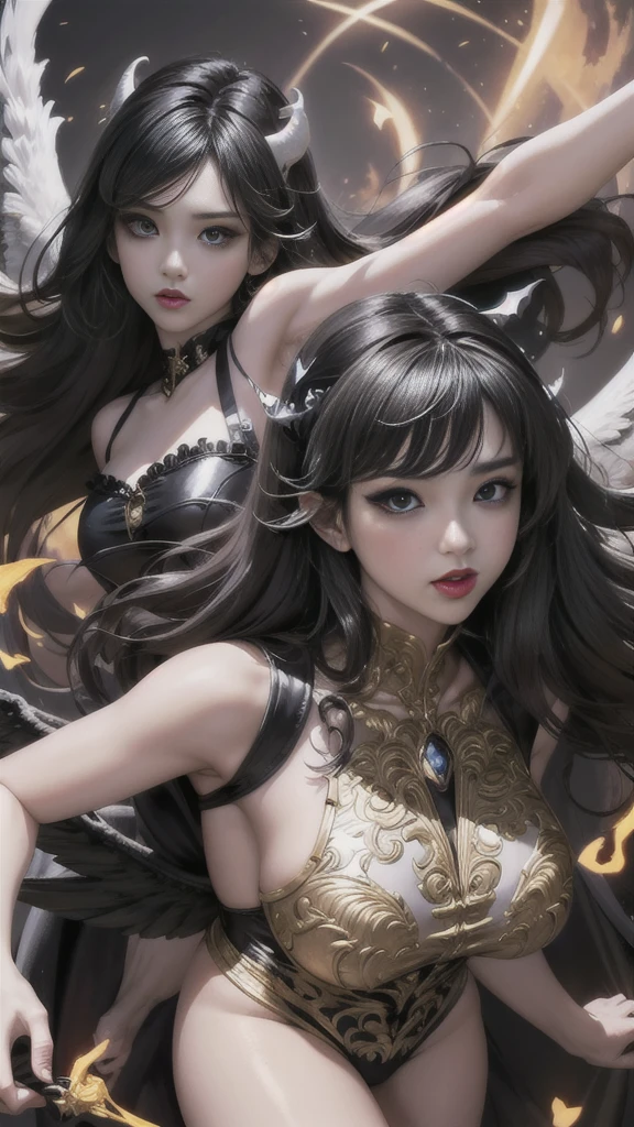 A sexy, tight-fitting but not revealing leather outfit that combines the perfect dynamic elements.: 1.7, Subtle tattoos: 1.6, Fine jewelry: 1.6, Highly detailed skin and facial features: 1.3, Arm and leg details, wings on shoulder, Wings of God and Demon, White and black wings, 16K realistic images, The demon god has wide wings and great power., black bat wings: 1.3, White Angel Wings: 1.5, 6 angel wings, 6 devil wings, สาวสวยlong hairสองเมตร, shiny black hair, Smooth white skinเนียน, red lips, big breasts, small waist, Hip lift, Long legs, Dynamic poses, Slightly concealed armor, Angel wings and devil wings, Floating above the ground, Dark background, Horns grow from the head like a crown., Light from the mountain, Wearing little armor, Sparkling wings, White and black light, 8K resolution, 4000 x 2250 pixels, Wings 100, Wings 1000, Angel wings and bats, 12 wings,รรวมกันของ 6 angel wingsและ 6 ปีกค้างคาว, long hair, Beautiful black and white tight dress with gold decorations, Embraced by twelve wings, He is white and black., Rainbow from the head, Busty breasts, universe backdrop, dynamic gesture, Smooth white skin, Layered wings alternating black and white, Gold pattern set, ชุดเซ็กซี่รัดรูปที่มีความสมดุลระหว่างความเซ็กซี่และความสง่างาม ประกอบด้วยรายละเอียดที่น่าสนใจ เช่น รอยสักที่ประณีต เครื่องประดับที่สวยงาม และผิวหน้าที่ละเอียด มีปีกที่หลากหลาย ทั้งปีกที่เป็นสัญลักษณ์ของเทพและปีศาจ ซึ่งรวมกัน 12 ปีก แบ่งเป็น 6 ปีกของนางฟ้าและ 6 ปีกของปีศาจ ตัวละครมีlong hairสวยงามสีดำเงา Smooth white skinเนียน และมีท่าทางที่แสดงถึงพลัง เธอสวมชุดสีขาวดำที่ประดับด้วยทอง มีเขางอกออกจากศีรษะเหมือนมงกุฎ และมีแสงสว่างที่เกิดจากเขา ฉากหลังเป็นพื้นมืดที่เน้นความโดดเด่นของตัวละคร รักษาอารมณ์ที่เต็มไปด้วยพลังและความน่าอัศจรรย์ ภาพจะมีความละเอียดสูงถึง 8K และแสดงออกมาในรูปแบบที่น่าดึงดูดใจชุดเซ็กซี่รัดรูปนี้ยังมีรายละเอียดเพิ่มเติมที่น่าทึ่ง โดยยังคงสร้างบรรยากาศแห่งความน่าตื่นตาตื่นใจและความสง่างามในคราวเดียว องค์ประกอบของสัญลักษณ์ที่มีไว้สำหรับเทพและปีศาจได้รับการออกแบบมาอย่างพิถีพิถัน โดยเพิ่มความเข้มข้นให้กับภาพลักษณ์ ด้วยการใช้สีที่ตัดกันและมีชีวิตชีวาในแต่ละชั้นของปีก การโอบกอดด้วยปีกทั้งสิบสองสร้างความรู้สึกของการอยู่เหนือโลก
แสงสีขาวและดำจากปีกชั้นๆ ยังช่วยเสริมสร้างอารมณ์ให้เข้ากับบรรยากาศที่ตึงเครียด ขณะเดียวกันก็สะท้อนความงามและความกล้าหาญของตัวละครนี้ ไม่เพียงแต่มีเสน่ห