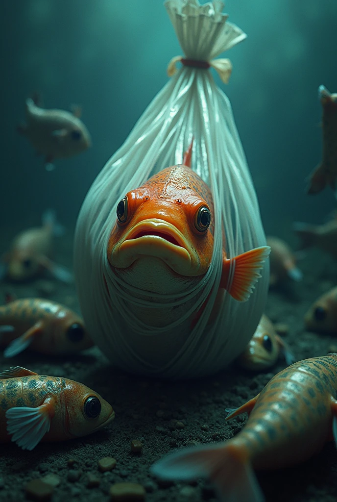 An image of a fish being suffocated by a bag and dead fish around it