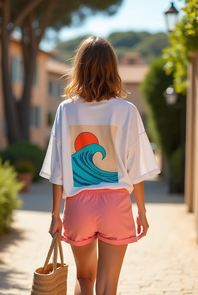 Photo of an Instagram model wearing an oversized white t-shirt with a colorful surf design on the back, pink shorts and a straw bag walking in a French Riviera village. A full body shot.