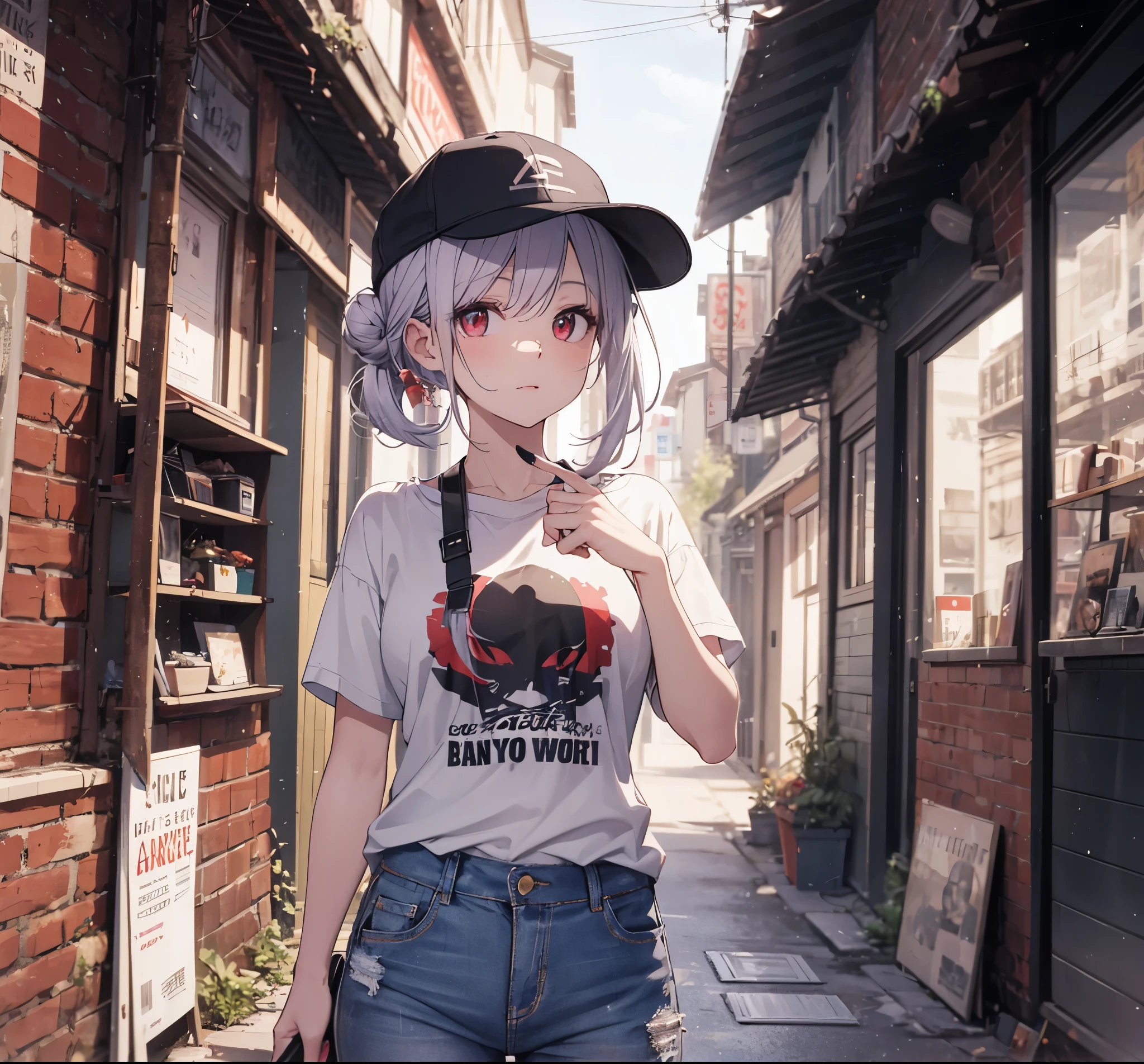 (Close-up:1.3),Realistic,Highest quality, Super detailed, High-quality CG rendering, The most delicate and beautiful, Floating softly, High resolution, (1 person), (Highest quality,4K,8k,masterpiece:1.2), Light purple hair,(Hair in a bun:1.5),Red eyes,(Black short sleeve T-shirt:1.3),(Pure white skinny jeans:1.3),(Pure white baseball cap:1.3),In the city,old buildings,Narrow Alley