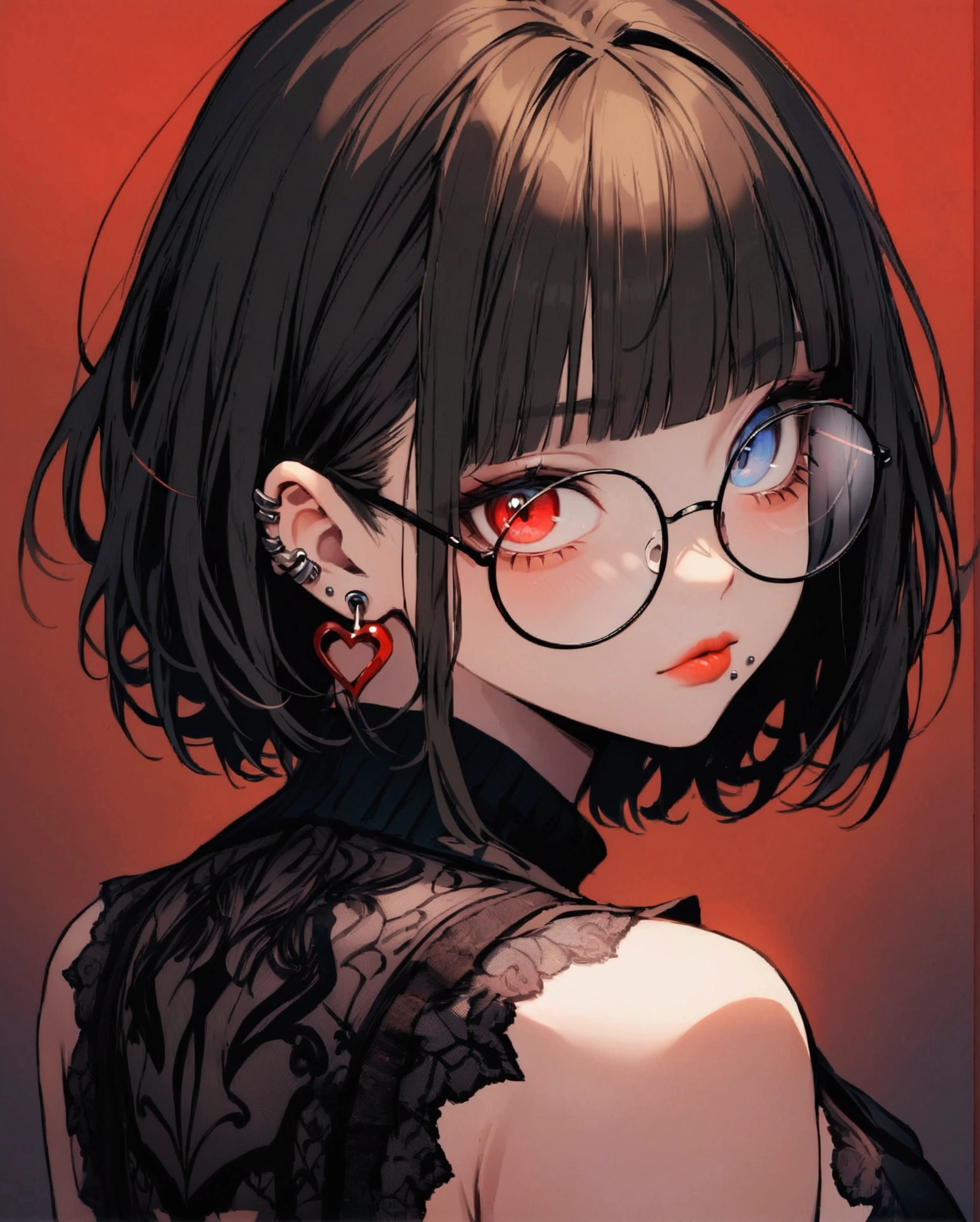 (masterpieces), (best quality), (ultra_detailed), more_details:1.5, perfect, AddNet Weight 1:1.0, Boldline,Weight 1:1.0, masterpiece, best quality, highres, alone, 1girl, solo,
heterochromia, multicolored eyes, split-color hair,
1girl, solo, looking at viewer, short hair, bangs, black hair, red eyes, jewelry, heart, earrings, glasses, blunt bangs, tattoo, piercing, ear piercing, portrait, red background, round eyewear, lip piercing