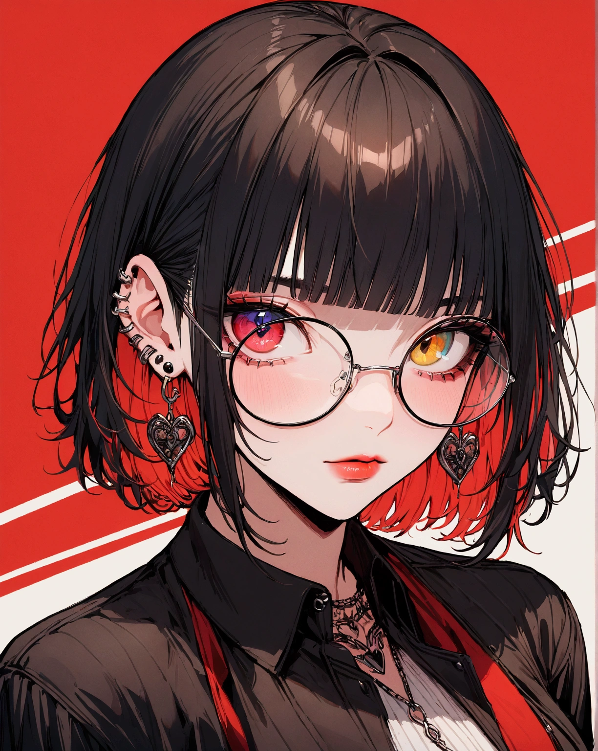 (masterpieces), (best quality), (ultra_detailed), more_details:1.5, perfect, AddNet Weight 1:1.0, Boldline,Weight 1:1.0, masterpiece, best quality, highres, alone, 1girl, solo,
heterochromia, multicolored eyes, split-color hair,
1girl, solo, looking at viewer, short hair, bangs, black hair, red eyes, jewelry, heart, earrings, glasses, blunt bangs, tattoo, piercing, ear piercing, portrait, red background, round eyewear, lip piercing