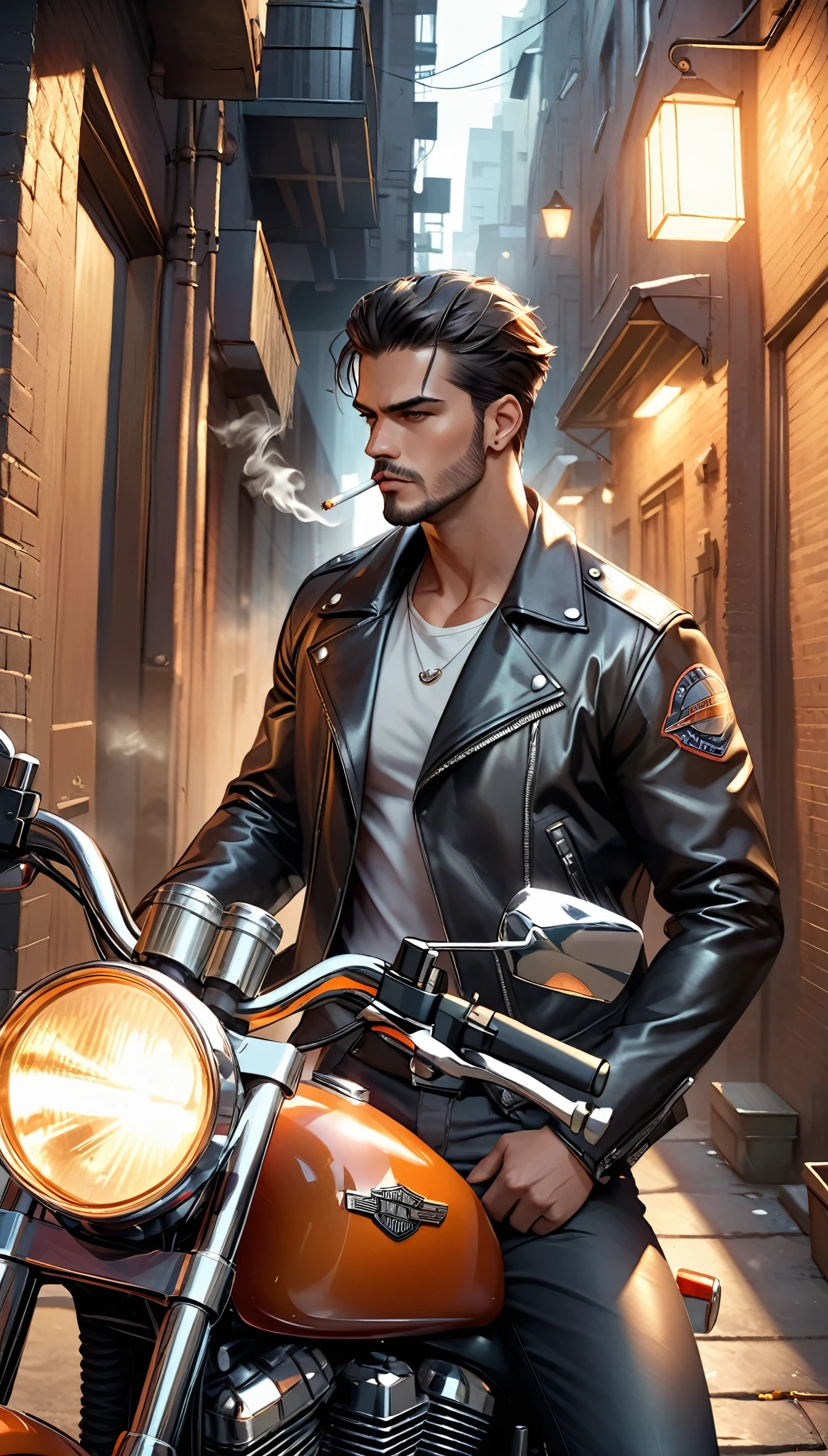 Harley-Davidson Motorcycles、nice guy、Man wearing a black leather jacket、Intricate details、Photorealistic、8k、High resolution、Super detailed、Real、Sharp Focus、Cinematic lighting、Dramatic atmosphere、Rugged and masculine、Intense gaze、Confident pose、Smoking a cigarette next to a motorcycle、City back alley background、Warm colors、Dramatic Shadows、Hyperrealistic、masterpiece、Award-winning
