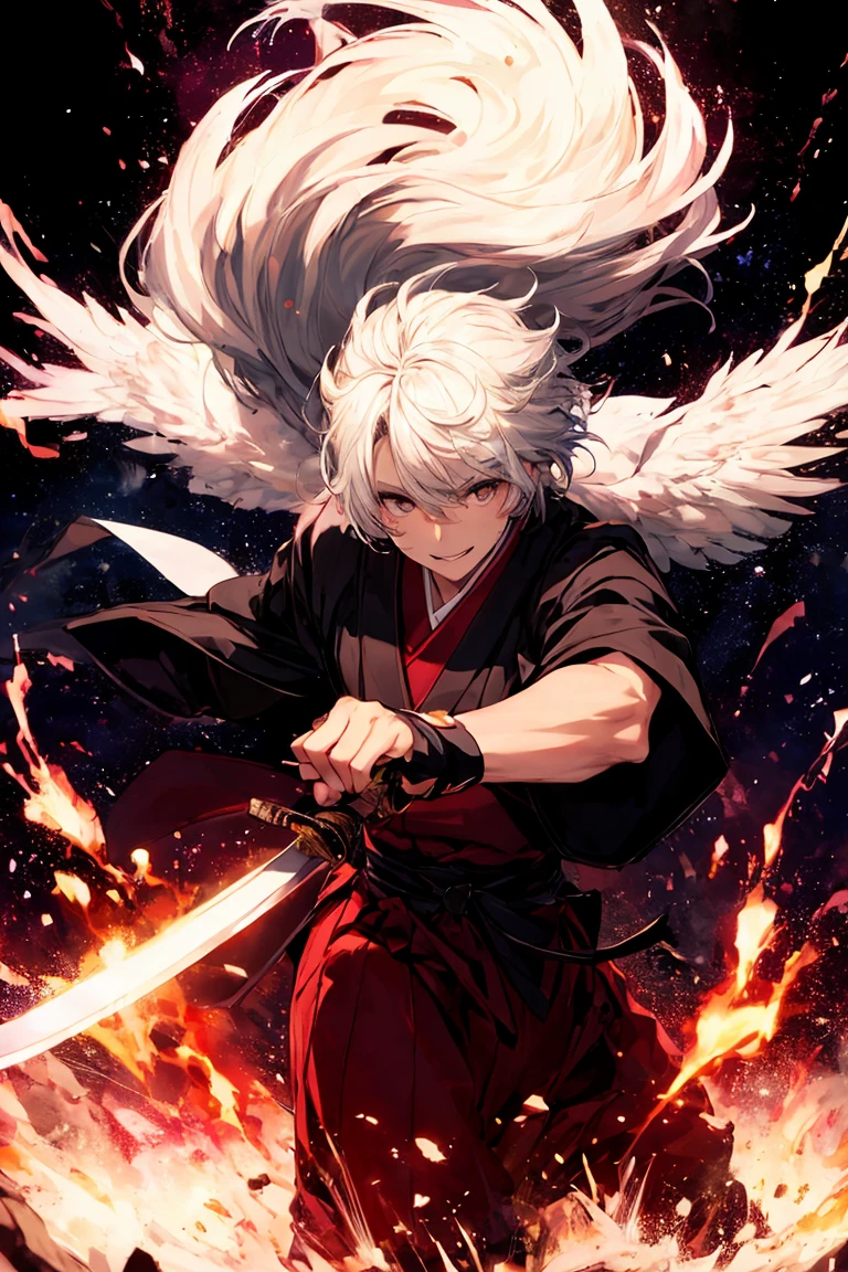 Mufune Toshiro, Toshiro Mifune, Japanese samurai, 55yo, upper body, dynamic, fighting stance, holding katana sword, grass field, rain, Temple, Japanese Temple, thunder, black cloud, black theme, dark theme background, 
BREAK,
Close-up of face, fighting scene, looking the viewer, (Duel scene:1.5), (Holding a sword:1.5), (trying to keep up the pace:1.5), (Just before being attacked:1.5), dynamic angle, movie scene, 
BREAK,
wearing a black japanese clothes, black dogi, black hakama, detailed clothes,A boy who is 10 years old controlling plasma magic energy and radiating a mystical aura. His hair is white and his eyes are like red ruby. He is smiling. In the background there is a crack in space from where energy is overflowing. Wearing clothes of nobles.pink lightning must be there as special effects. 