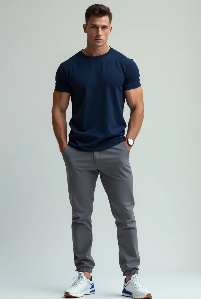 Create the image of a man , stark, wearing gray tailored pants, a dark blue t-shirt and white sneakers with blue details and a watch that matches the style