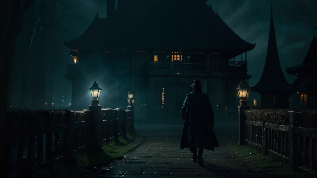 monk with wooden hat, walking into the bunch of monsters, horror atmosphere, it watches, something lurks in the dark, dark night, atmospheric, (cyan glow), UHD, impressionism, absurdres, scenery art, matte painting, horror, beautiful digital painting, anime landscape, scary painting, paintlike, dreamy,