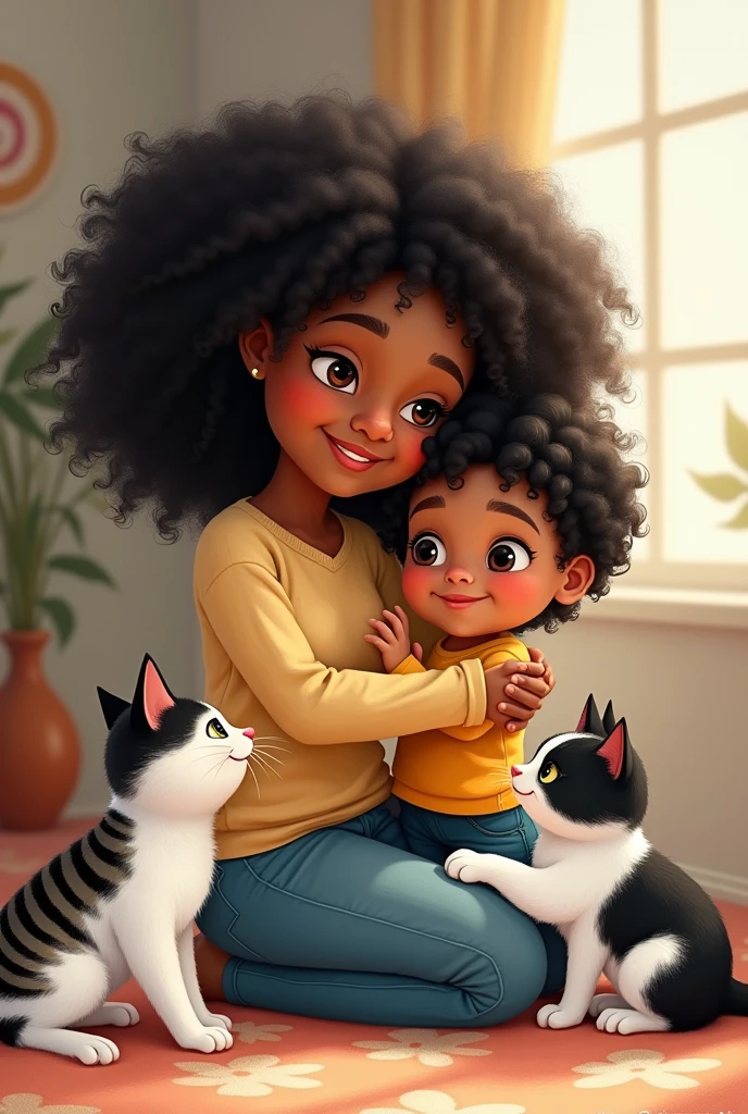 Create a drawing of a white woman with black curly hair and a boy with black curly hair with a striped cat and another black and white cat