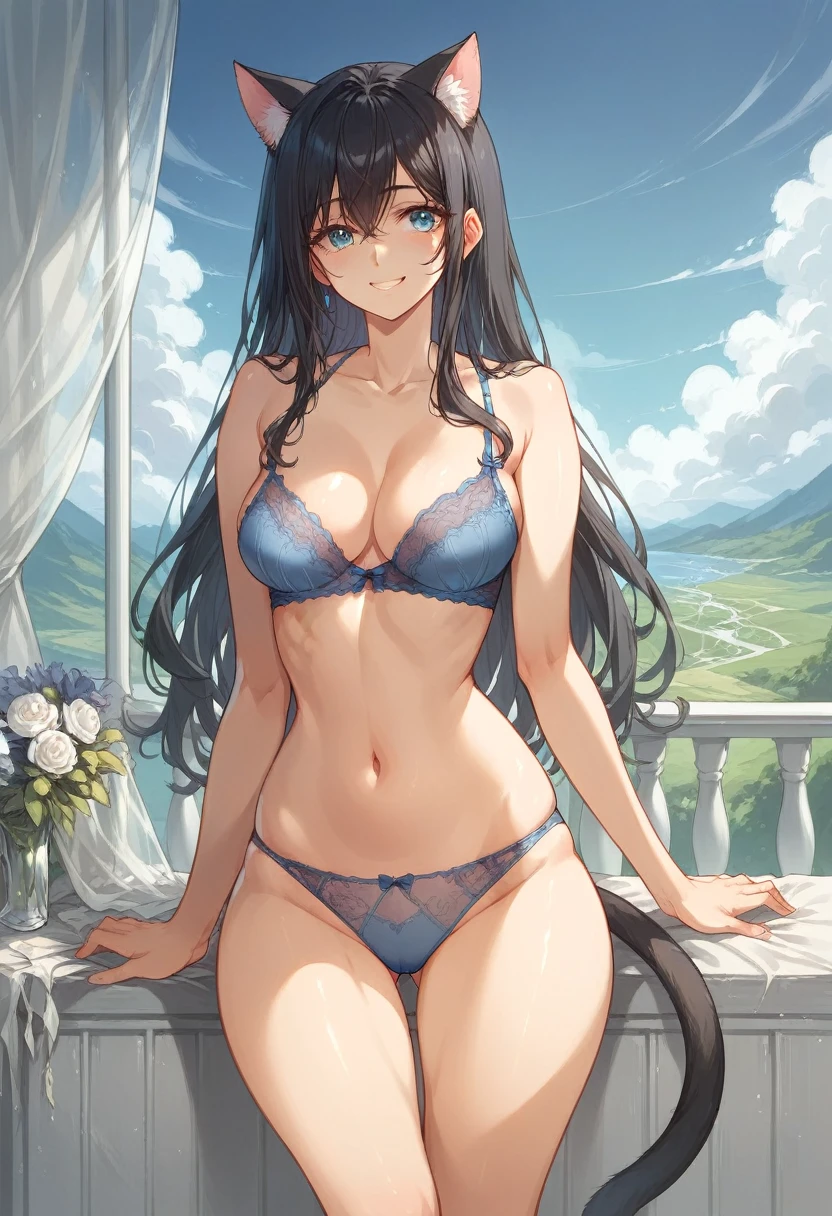 1female, solo, in her 20s, mature woman, black hair, long hair, blue eyes, cat ears, cat tail, nekomimi, medium breasts, perky breasts, full hips, amazing scenery, beautiful scenery, wearing luxurious blue lingerie, sexy underwear, smiling