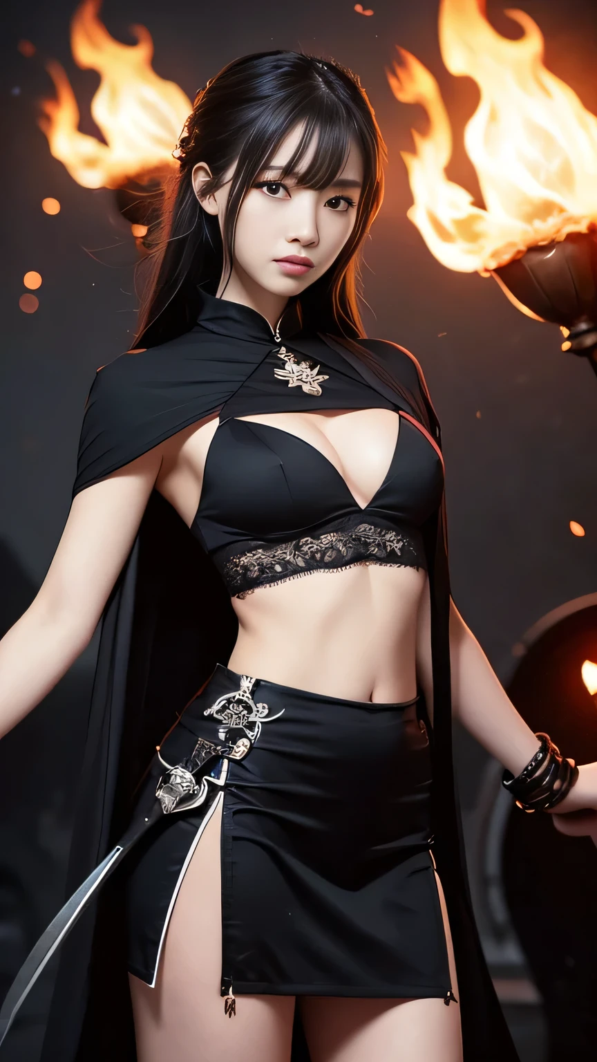 (Cute beautiful girl 1()(Middle school students)(Fireballs in the background)female, Holding a black sickle emblazoned with a symbol of Japan signifying death, Black flames emerge from the decoration., The sickle blade comes out of it.、A black wind blows with the ghost of a skull, Judy female with perfect face and scythe is wearing the appropriate outfit of scythe steel, The female has black hair, The woman is the incarnation of the Grim Reaper., (The background of the CG 8k module is very detailed) (Highest quality), (Best illustrations), (Best shade), Very detailed t--v6