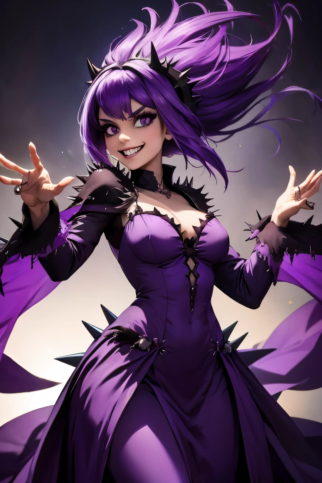 Ghost, (monster girl), purple skin, spikes, spiky purple hair, a fanged grin, floating hands, dressed in a dark-purple dress, floating in midair, masterpiece, best quality