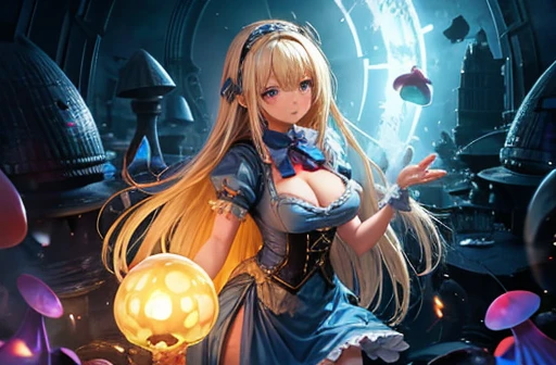 a beautiful 20 year old blonde woman with big messy hair in a blue dress, white stockings, black headband, cleavage, holding a glowing mushroom, fantasy art style, rossdraws cartoon vibrant, alice x. zhang, alice in wonderland cyberpunk, cute detailed digital art, colorfull digital fantasy art, digital fantasy art ), glossy digital painting, rossdraws pastel vibrant, rossdraws 2. 5, rossdraws 1. 0
