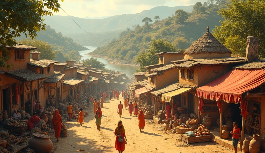 Make a beautiful photo of an Indian village where many people are doing their work.