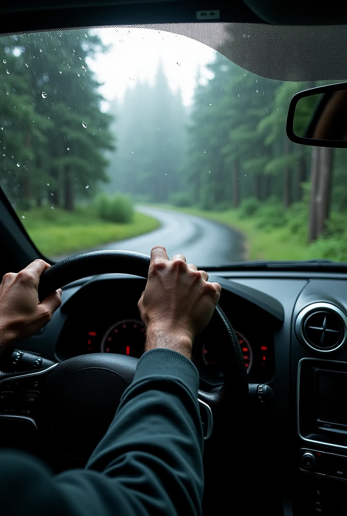 car cockpit, hand on wheels, pouring rain on windshields, outside forest road in daylight, photorealistic
