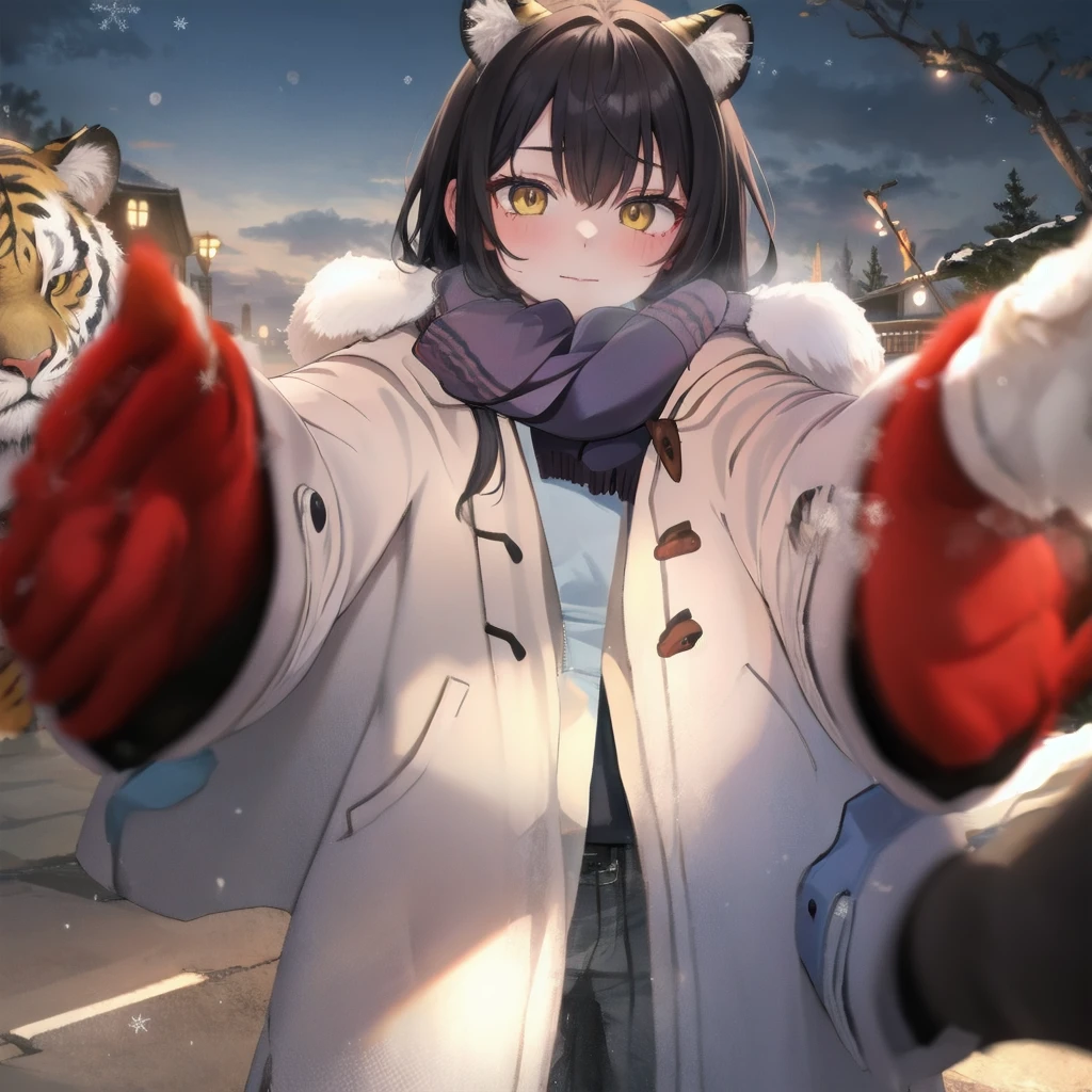 (pov cheek warming:1.2),solo,looking at viewer,1girl, black hair, yellow eyes, tiger ears,open jacket,cloudy day,mount,simple background,winter,scarf, 