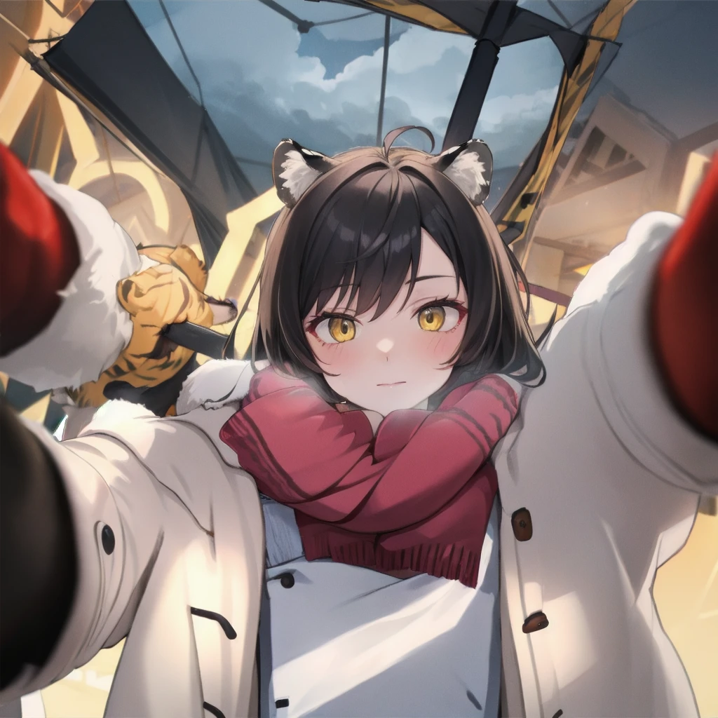 (pov cheek warming:1.2),solo,looking at viewer,1girl, black hair, yellow eyes, tiger ears,open jacket,cloudy day,mount,simple background,winter,scarf, 