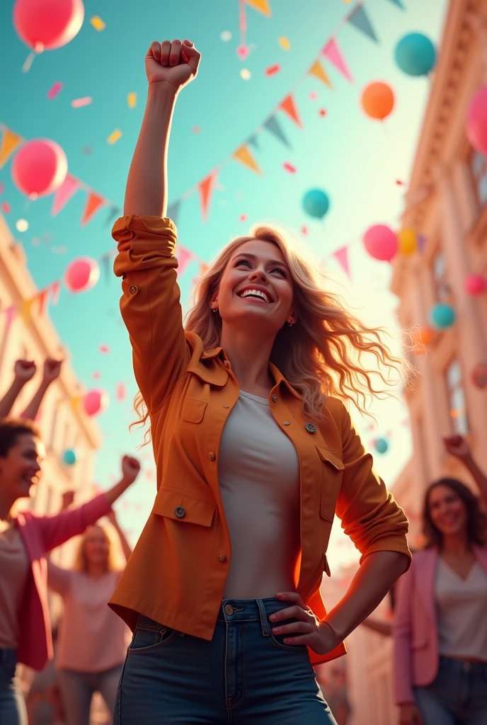 create image of raised female arm, with party and victory background