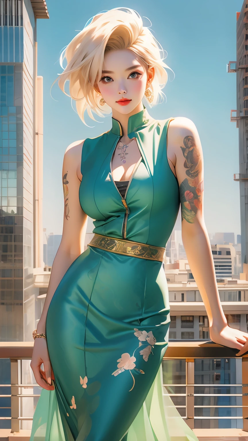 Android 18 from Dragon Ball，Colorful gradient short hair half covering the face，Exquisite facial features，Perfect face shape，Anime style face，Smile，Printed vest，Fashion长裙，Fashion，Large Breasts：1.4，City background，Full body tattoo，Beautiful tattoos：1.4 , masterpiece, best quality, Extremely detailed,Black high ponytail: 1.5, Long legs, Smooth legs without any wrinkles。 dress, Slim waist, Thin waist: 1.7,Ultra-realistic 8k CG, masterpiece, ((Ultra detailed background, Exquisite pattern, Intricate details)), (Very detailed, Fine details), best quality, 