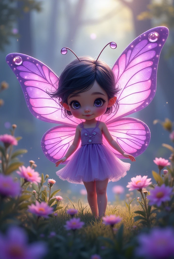 A butterfly fairy with colors that highlight purple and pastel pink. The fairy must be a black-haired with short hair.