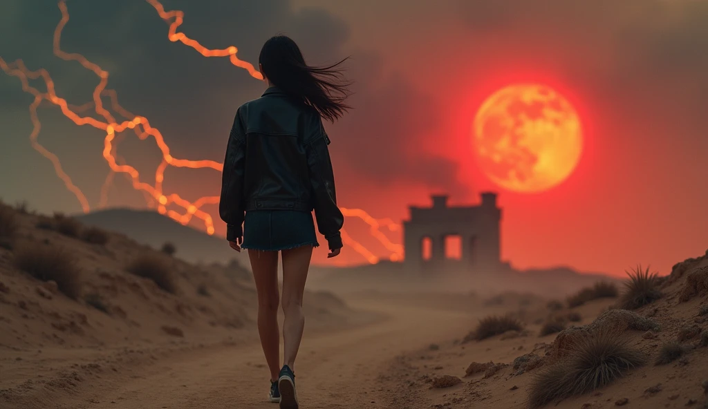 (RAW photo, realistic photo, high quality, masterpiece), Japanese young woman is walking on the desert with black leather jacket on her bare body, short skirt, ruin and building burning in background, red moon in the sky, lightning and flashing, strong wind, back view, ((turning back and look at the viewer))