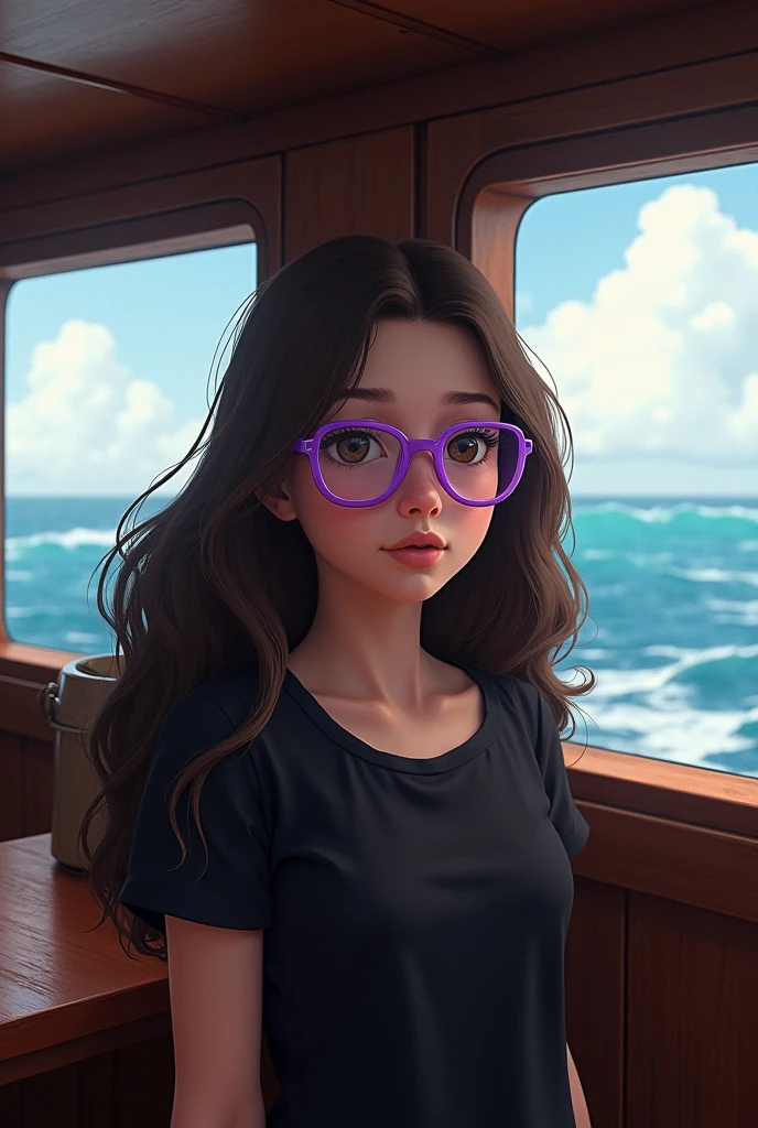 15 years old girl with purple glasses and long brown hair a black top in a big boat