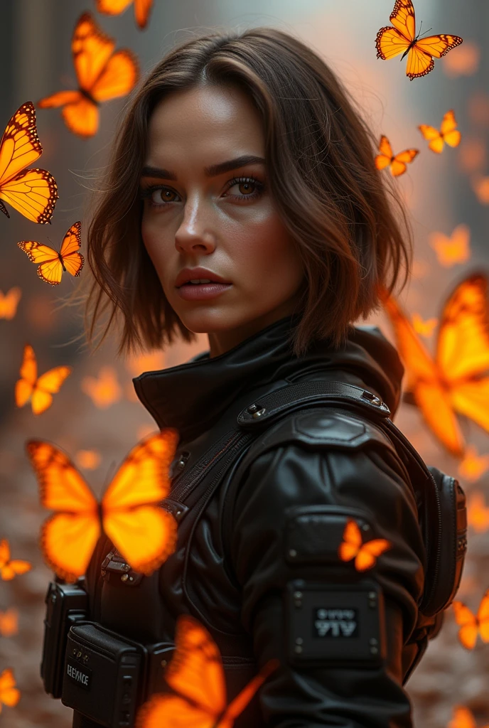 orange glowing butterflies swarm around Natalie Portman with wavy bob haircut black tactical gear, Gerald Brom art style, 16k, hdr ,