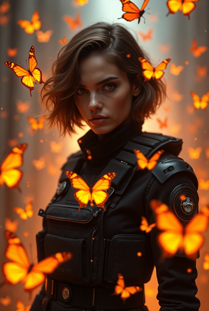 orange glowing butterflies swarm around Natalie Portman with wavy bob haircut black tactical gear, Gerald Brom art style, 16k, hdr ,