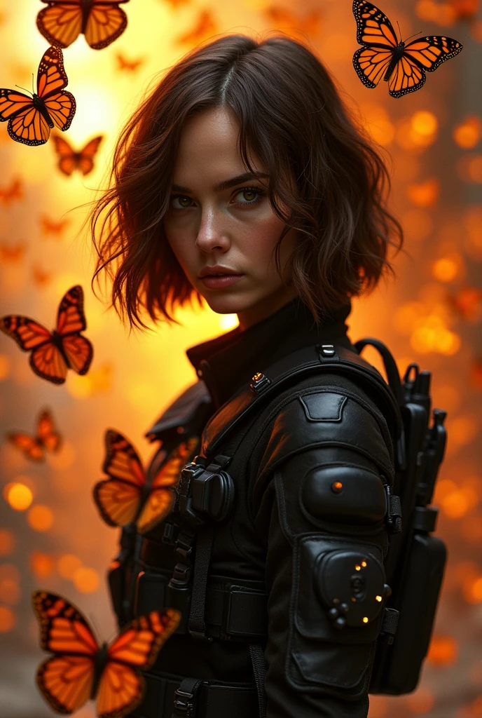 orange glowing butterflies swarm around Natalie Portman with wavy bob haircut black tactical gear, Gerald Brom art style, 16k, hdr ,