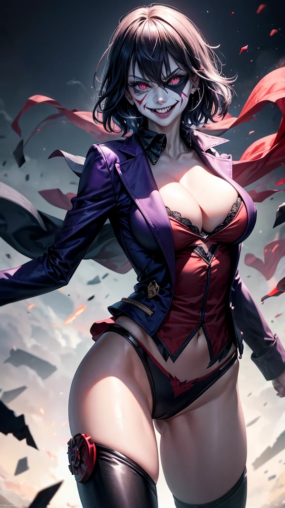 Create a 4K big breasts wallpaper, Joker face athlete body with a scary smile.The scenario should be an epic battle, with explosions and chaos in the background. The Joker should be in the spotlight, with a manic expression and intense eyes. Use vibrant colors and realistic details to capture the intensity of the scene. Add elements of destruction and smoke to increase the drama, postpone impact effect,edionar runes to the sky
