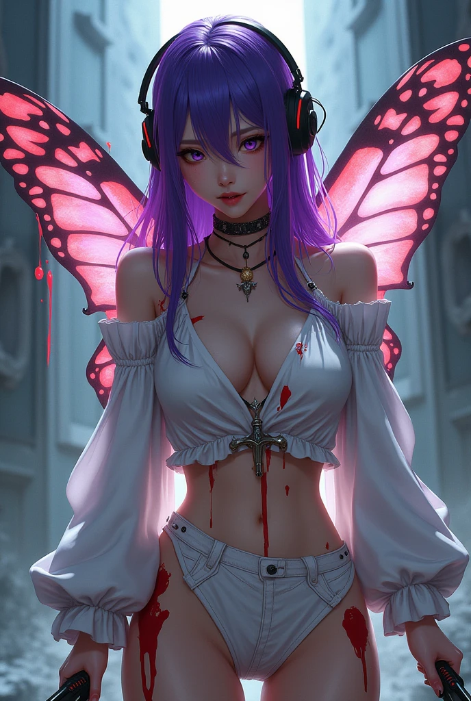 Korean purple hair butterfly woman with headphone dressed as killer with fake blood and butterfly wings with knives short outfit white outfit full of blood