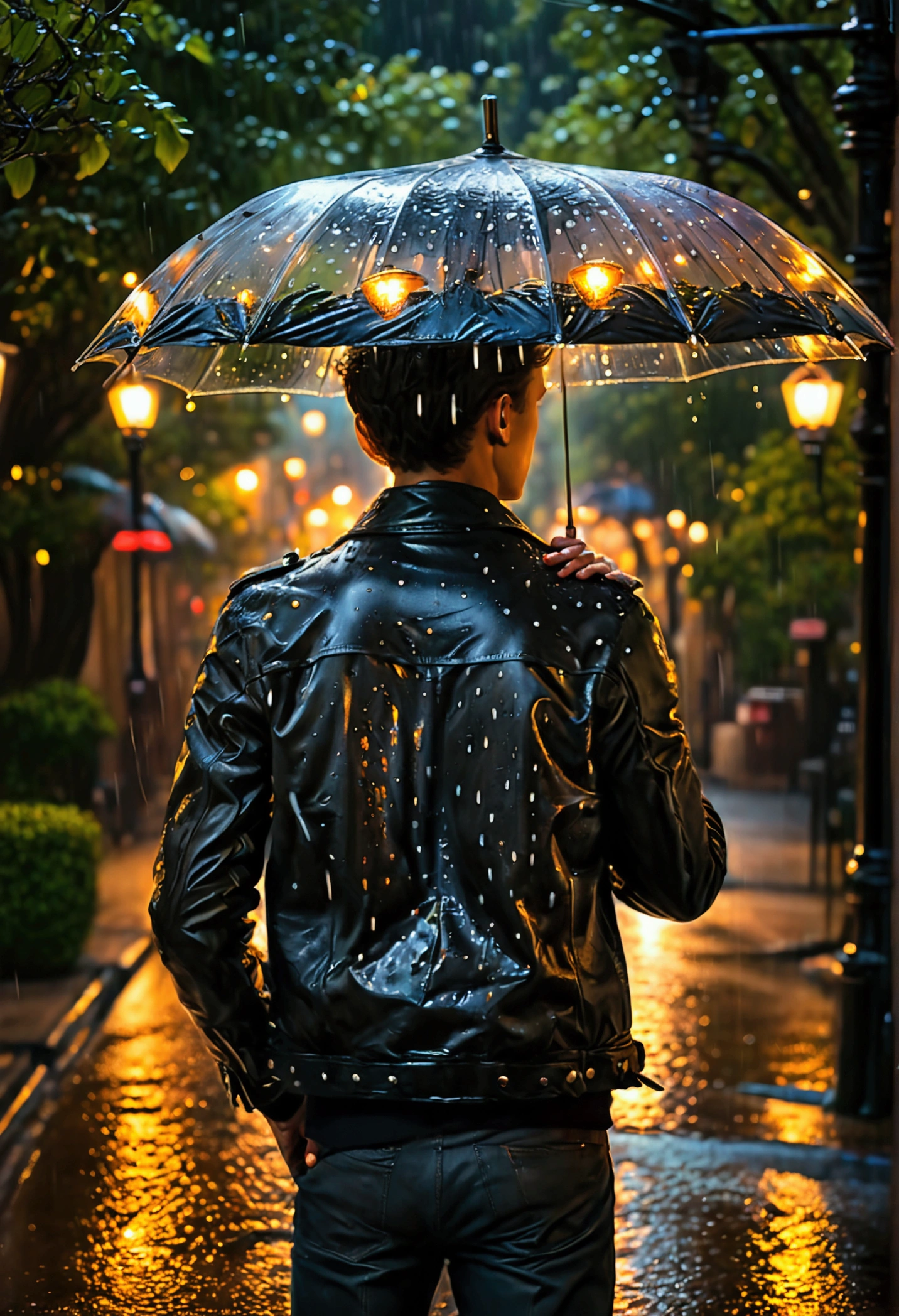 (Black Leather Jacket), On a drizzling night, a young man wearing a black leather jacket held a transparent umbrella and strolled alone on the open street. The rainwater formed a dreamy halo under the illumination of the streetlights, and the water droplets on the leather jacket reflected a little light. The trees and old-fashioned street lights on both sides of the street add warmth and romance to the picture. Beautiful cinematic lighting, surreal, RAW photo, color graded, dynamic movement, (captivating chiaroscuro:0.1), full body, award-winning, cinematic still, emotional, vignette, dynamic, vivid, (masterpiece, best quality, photorealistic, Professional, perfect composition, very aesthetic, absurdres, ultra-detailed, intricate details:1.3)