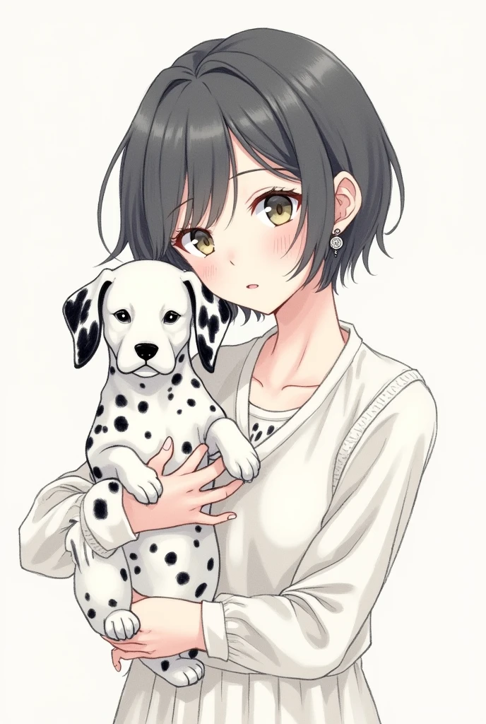 Illustration of a short-haired woman holding a Dalmatian dog with earrings and a black ring on her finger, white background, pencil drawing, pastel colors, Shirou Masamune style, retro, vintage aesthetic, very detailed. 8k,