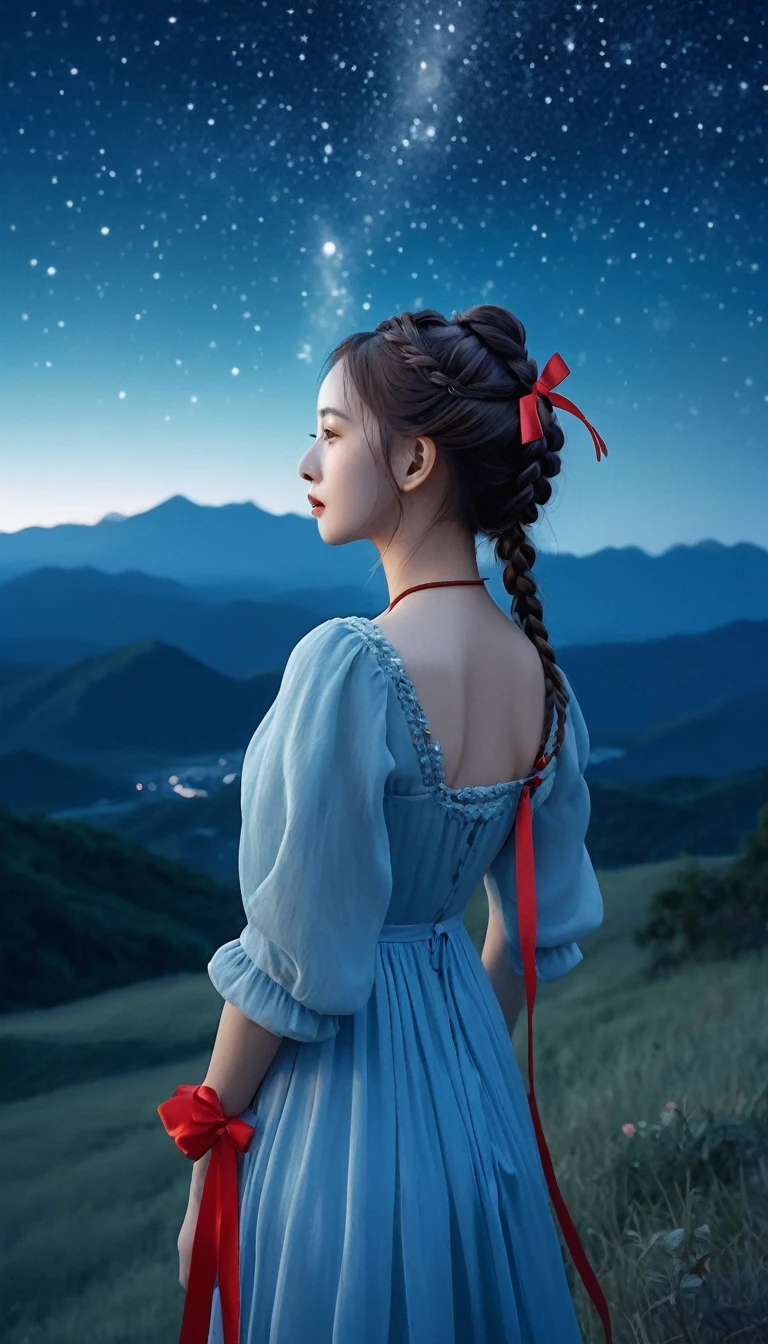 Under the mysterious night sky, A woman in a light blue dress、The girl with a red ribbon on her braid walked down slowly, Looking down from the sky. A faint light emanated from the end of the necklace around her neck. The background is the starry sky and distant mountains, Create a fantastic atmosphere.