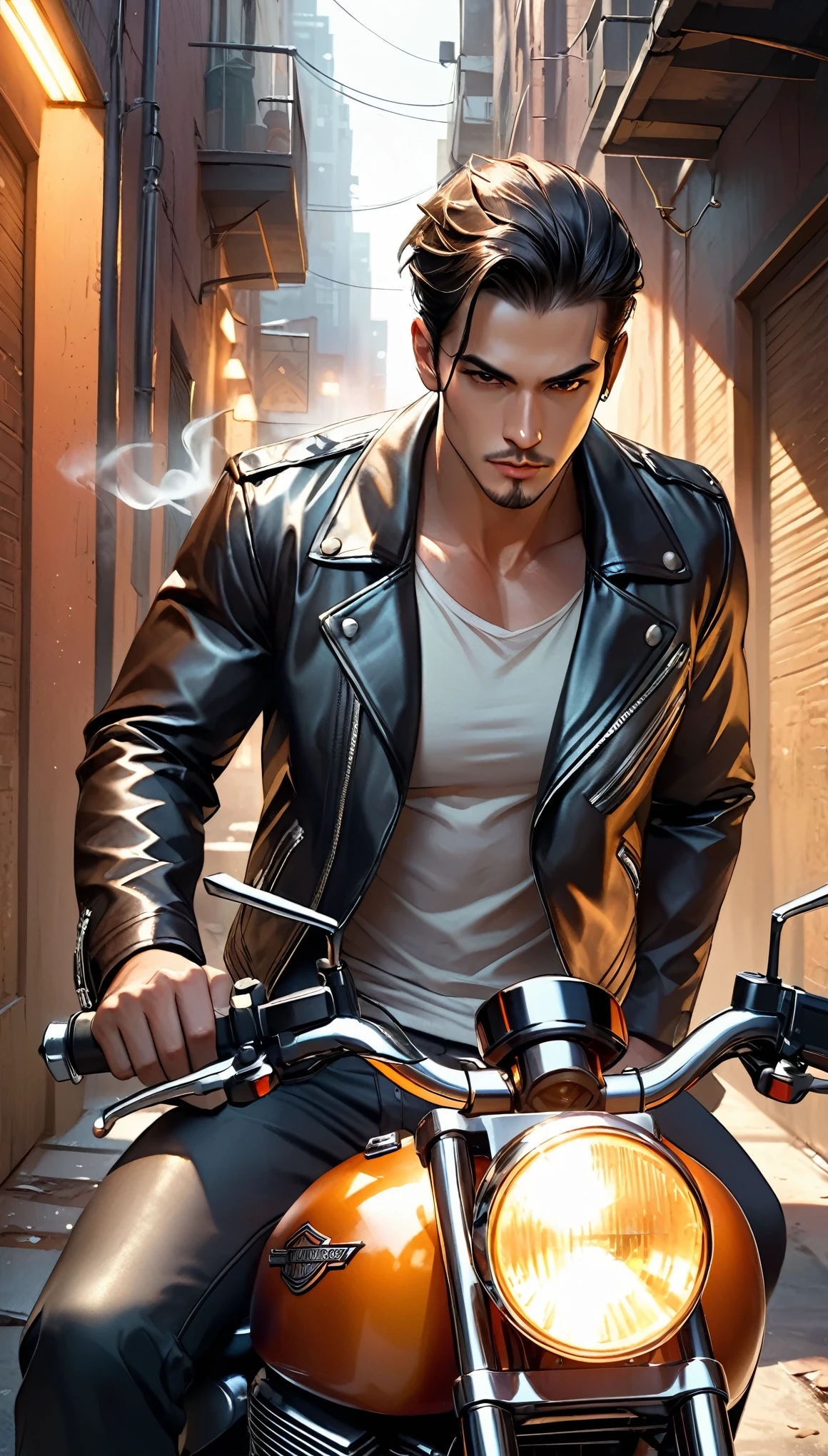 Harley-Davidson Motorcycles、nice guy、Man wearing a black leather jacket、Intricate details、Photorealistic、8k、High resolution、Super detailed、Real、Sharp Focus、Cinematic lighting、Dramatic atmosphere、Rugged and masculine、Intense gaze、Confident pose、Smoking a cigarette next to a motorcycle、City back alley background、Warm colors、Dramatic Shadows、Hyperrealistic、masterpiece、Award-winning