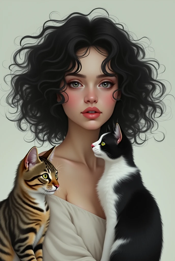 Create a drawing of a white woman with black curly hair and one with black curly hair with a striped cat and another black and white cat